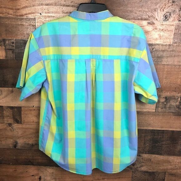 Dockers Striped Blouse Plaid Pastel Button Front Short Sleeve Front Pocket Large - Picture 6 of 8